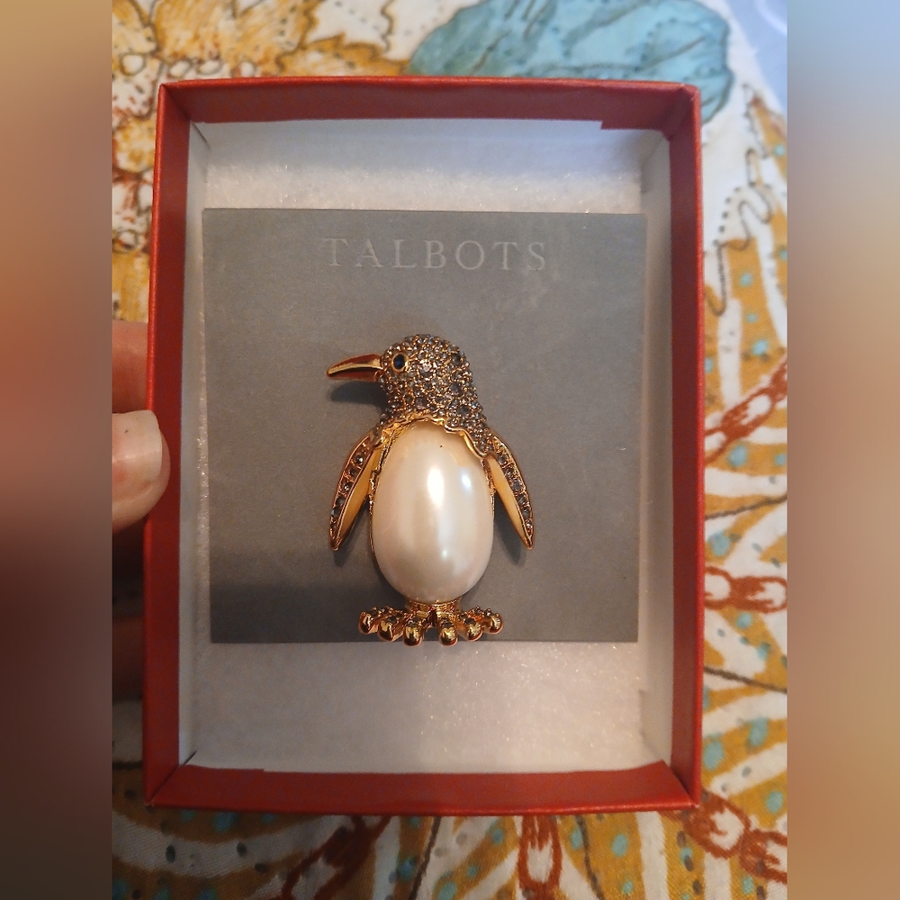 Talbots Penguin Brooch with Pearl and Gold Accents
